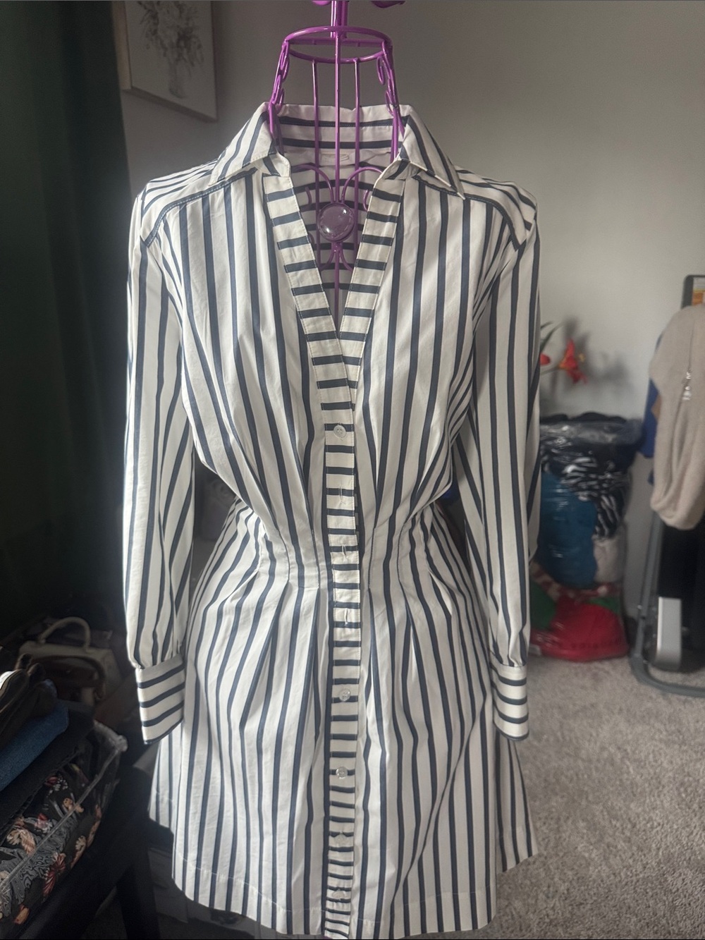 Veronica Beard Striped Shirt Dress in White and Navy